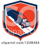 Clipart Of A Retro Big Rig Truck Trailer In A Red Shield Royalty Free Vector Illustration