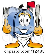 Clipart Picture Of A Blue Postal Mailbox Cartoon Character Holding A Knife And Fork by Toons4Biz