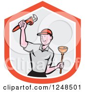 Poster, Art Print Of Cartoon Male Plumber With A Plunger And Monkey Wrench Over A Shield