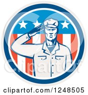 Poster, Art Print Of Retro Woodcut Saluting Soldier In An American Circle