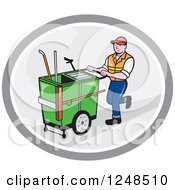Poster, Art Print Of Cartoon Male Street Cleaner Worker Pushing A Cleaning Trolley Cart In An Oval