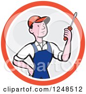 Cartoon Male Handyman Mechanic Or Electrician Holding A Screwdriver In A Circle