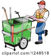 Poster, Art Print Of Cartoon Male Street Cleaner Worker Pushing A Cleaning Trolley Cart