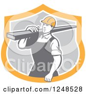 Clipart Of A Retro Construction Worker Carrying A Beam In A Shield Royalty Free Vector Illustration