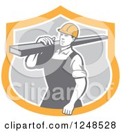 Poster, Art Print Of Retro Construction Worker Carrying A Beam In A Shield