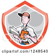 Clipart Of A Cartoon Builder With Plans In A Shield Royalty Free Vector Illustration