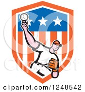 Poster, Art Print Of Cartoon Male Baseball Player Pitching In A Stars And Stripes Shield