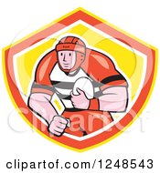 Cartoon Male Rugby Player Running In A Shield