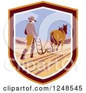 Clipart Of A Retro Farmer And Horse Plowing A Field In A Shield Royalty Free Vector Illustration