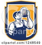 Poster, Art Print Of Retro Male Bartender Cheering With Beer In A Shield
