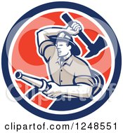 Clipart Of A Retro Woodcut Fireman With A Hose And Axe In A Circle Royalty Free Vector Illustration