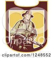Poster, Art Print Of Retro Woodcut Fireman With A Hose In A Shield