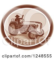 Poster, Art Print Of Retro Silhouetted Farmer Waving And Operating A Tractor In An Oval
