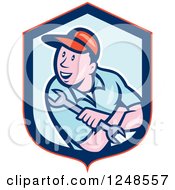 Poster, Art Print Of Cartoon Male Mechanic Holding A Spanner Wrench In A Shield