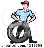 Poster, Art Print Of Cartoon Mechanic Worker With A Tire