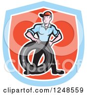Cartoon Mechanic Worker With A Tire In A Shield