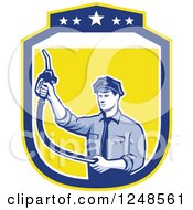 Clipart Of A Retro Pump Jockey Man Holding Up A Fuel Nozzle In A Shield Royalty Free Vector Illustration by patrimonio