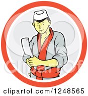 Cartoon Male Japanese Chef With A Knife In A Circle