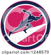 Clipart Of A Retro Woodcut Male Runner Sprinting In A Pink Circle Royalty Free Vector Illustration
