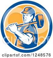 Clipart Of A Retro Woodcut Male Worker Carrying A Sledgehammer In A Circle Royalty Free Vector Illustration