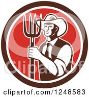 Clipart Of A Retro Male Farmer Holding A Pitchfork In A Red And Brown Circle Royalty Free Vector Illustration