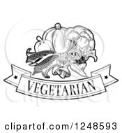 Clipart Of A Black And White Vegetarian Food Banner And Veggies Royalty Free Vector Illustration by AtStockIllustration