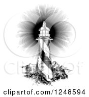Clipart Of A Black And White Woodcut Lighthouse With A Shining Light Royalty Free Vector Illustration by AtStockIllustration
