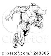 Poster, Art Print Of Black And White Muscular Aggressive Boar Mascot Running Upright