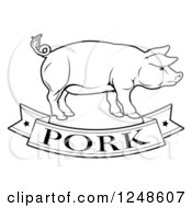 Clipart Of A Black And White Pork Food Banner And Pig Royalty Free Vector Illustration