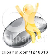 3d Gold Man Cheering And Sitting On A Computer Mouse