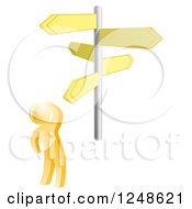Clipart Of A 3d Gold Man At Crossroads Signs Royalty Free Vector Illustration