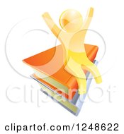 Poster, Art Print Of 3d Happy Cheering Gold Man Sitting On A Stack Of Books