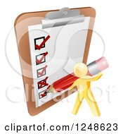 Clipart Of A 3d Gold Man Checking Off A List With A Pencil Royalty Free Vector Illustration