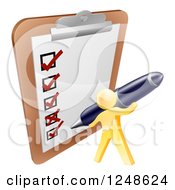 Clipart Of A 3d Gold Man Checking Off A List With A Pen Royalty Free Vector Illustration by AtStockIllustration