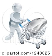 Poster, Art Print Of 3d Silver Man Pushing A Computer Mouse In A Shopping Cart