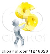 3d Silver Man Holding Up A Giant Usd Dollar Symbol