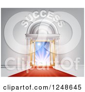 Clipart Of A 3d SUCCESS Over Open Doors With Light And A Red Carpet Royalty Free Vector Illustration by AtStockIllustration