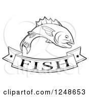 Clipart Of A Black And White Food Banner And Fish Royalty Free Vector Illustration