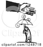 Clipart Of A Black And White Woodcut Hand Dropping Currency Coins Over A Person With An Umbrella Royalty Free Vector Illustration by xunantunich