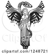 Clipart Of A Black And White Woodcut Snake Coiled Around A Female Angel Royalty Free Vector Illustration by xunantunich
