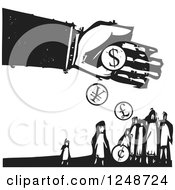 Black And White Woodcut Hand Dropping Currency Coins Over Poor People