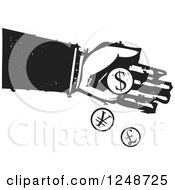 Black And White Woodcut Hand Dropping Currency Coins