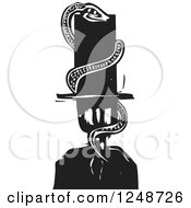 Poster, Art Print Of Black And White Woodcut Snake Coiled Around A Bankers Head And Tall Hat