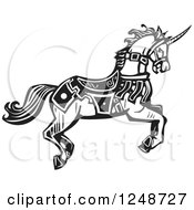 Poster, Art Print Of Black And White Woodcut Running Unicorn In Livery