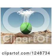 Clipart Of A 3d Hand Holding A Green Planet With A Seedling Plant Under A Rainbow And Rain Cloud Royalty Free Illustration by KJ Pargeter
