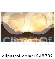 Clipart Of A 3d Lake With Mountains And Foreign Planets At Sunset Royalty Free Illustration