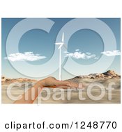 Clipart Of A 3d Female Hand Holding A Wind Turbine Over A Desert Landscape Royalty Free Illustration by KJ Pargeter