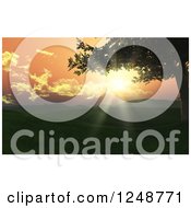 Clipart Of A 3d Sunset Over Rolling Hills And A Tree Royalty Free Illustration