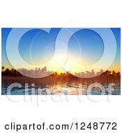 3d Sunset With Flares Over Island Palm Trees And A Bay