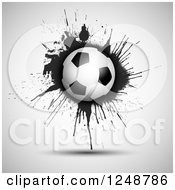 Clipart Of A 3d Soccer Ball Over Black Splatters On Gray Royalty Free Vector Illustration